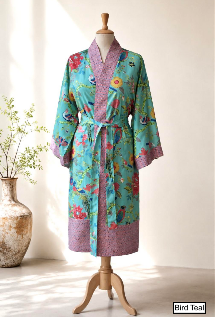 100% Organdy lightweight cotton robes by Handprint Bird Teal