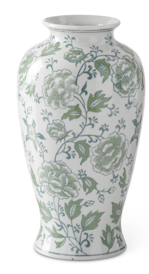 12.25 Inch Green & White Floral Ceramic Vase