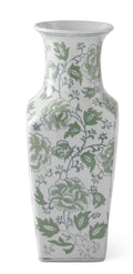 14 Inch Green & White Floral Ceramic Vase