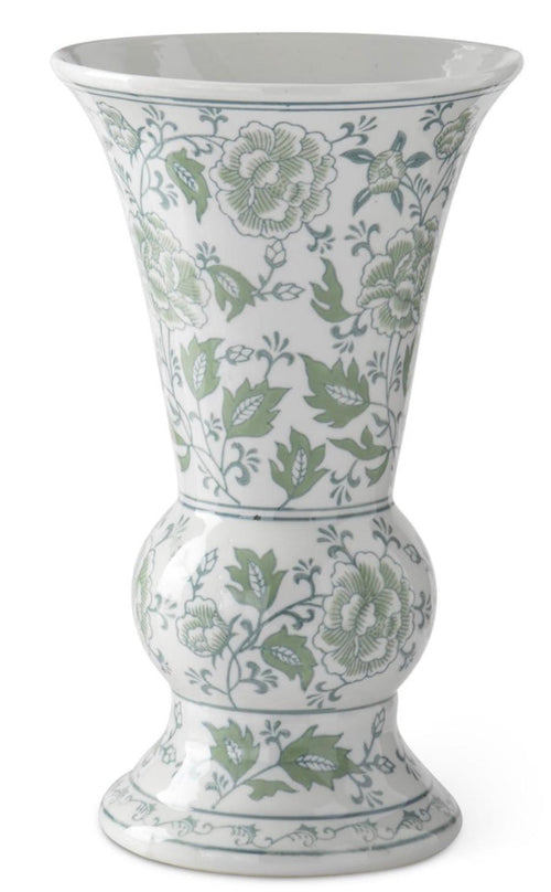 14 Inch Green & White Floral Ceramic Vase