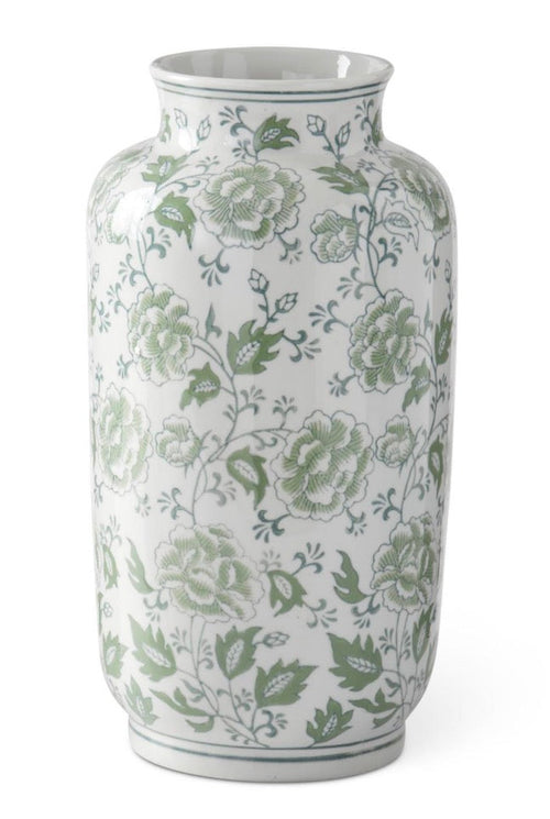 15 Inch Green & White Floral Ceramic Vase