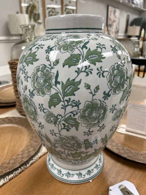 16.5 Inch Green & White Floral Ceramic Ginger Vase