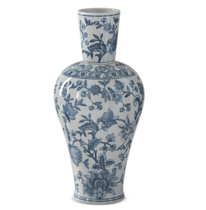 17 Inch Navy Blue & White Porcelain Chinoiserie Fluted Vase
