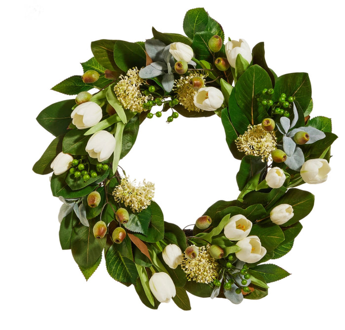 25" Tulip And Mixed Greenery Wreath