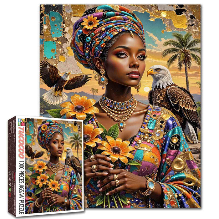 African Queen with Eagles and Sunflowers Jigsaw Puzzle