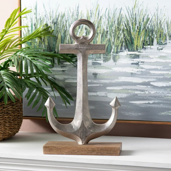 Anchor Statues Set - Set of 2 - Silver finish - Wood Base - Coastal Compass Home Decor