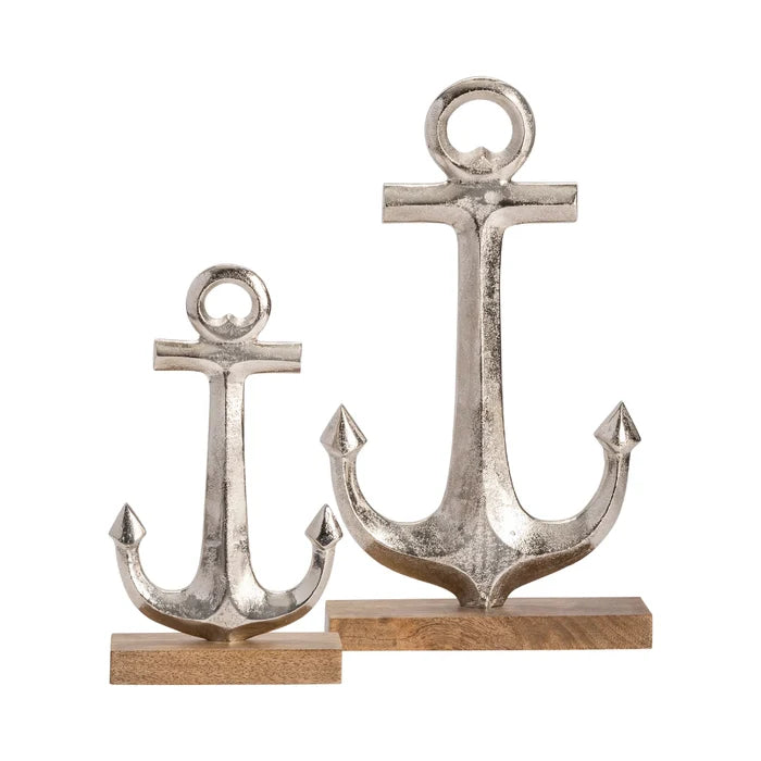 Anchor Statues Set - Set of 2 - Silver finish - Wood Base - Coastal Compass Home Decor
