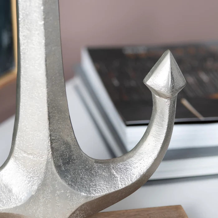 Anchor Statues Set - Set of 2 - Silver finish - Wood Base - Coastal Compass Home Decor