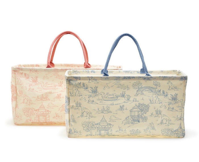 Animal Toile Hamper / Storage Tote Assorted 2 Colors: Pink and Blue - Recycled Cotton Canvas/Cotton
