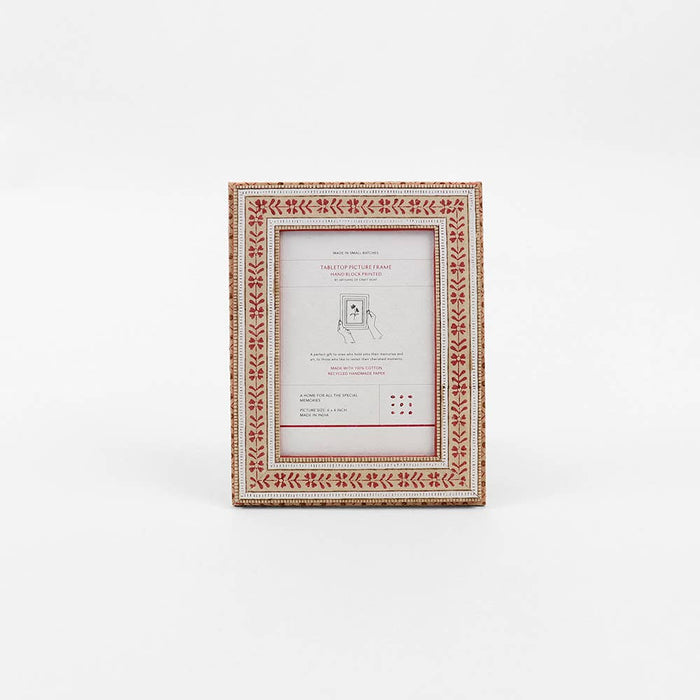 BLOCK PRINTED TABLE TOP PICTURE FRAME FLORAL STRIPE - OCHRE
