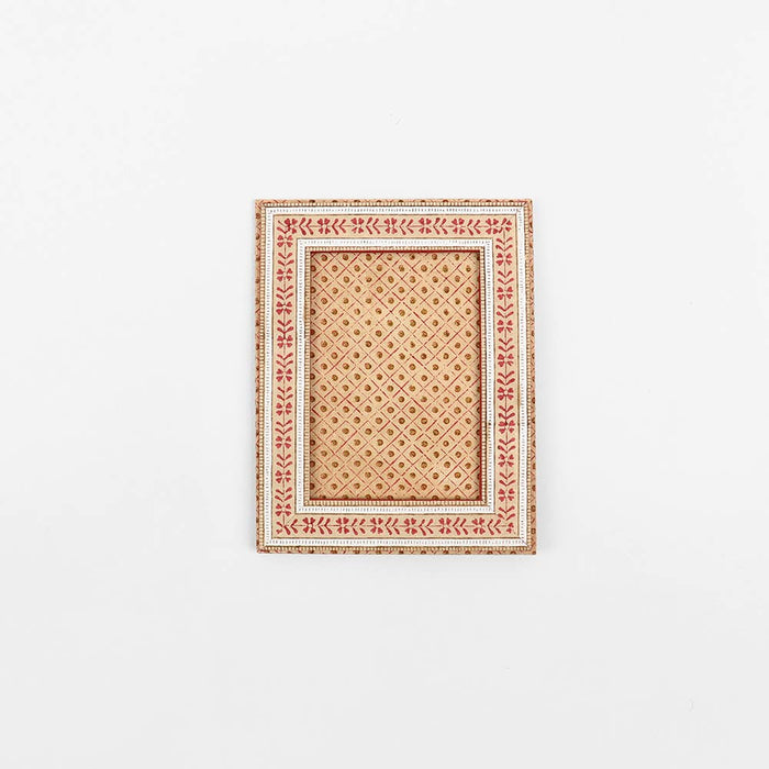 BLOCK PRINTED TABLE TOP PICTURE FRAME FLORAL STRIPE - OCHRE