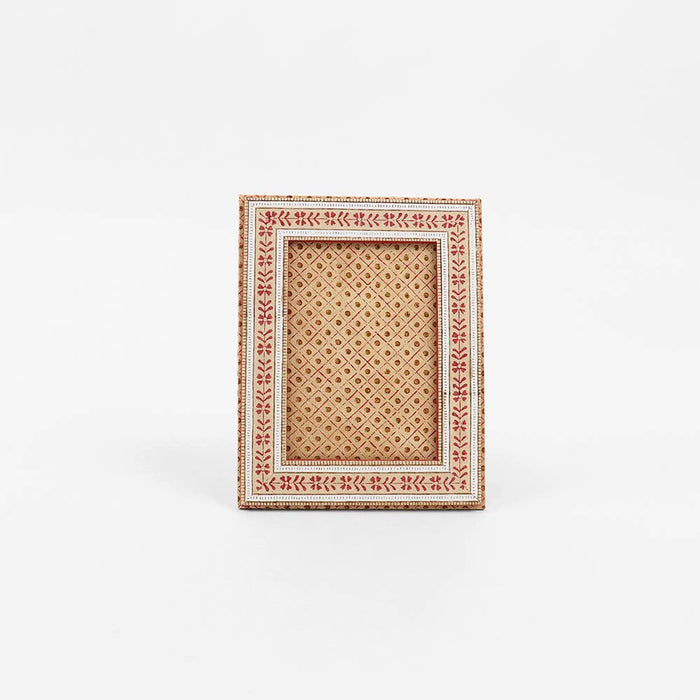 BLOCK PRINTED TABLE TOP PICTURE FRAME FLORAL STRIPE - OCHRE