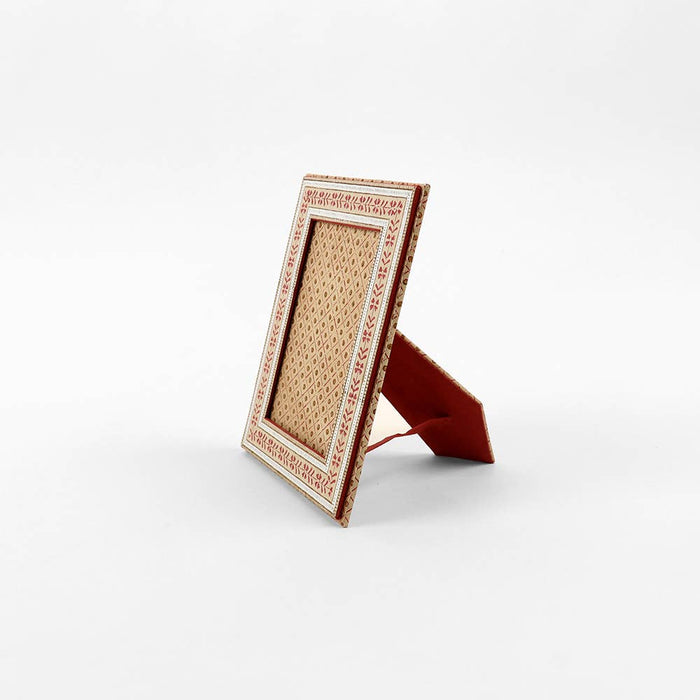 BLOCK PRINTED TABLE TOP PICTURE FRAME FLORAL STRIPE - OCHRE