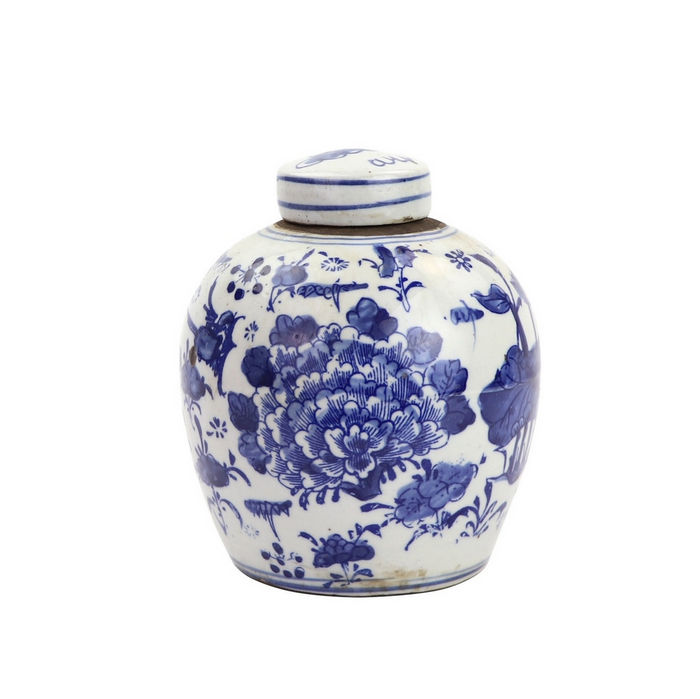Blue and White Tiny Lid Mini Jar- Peony Lotus Motif