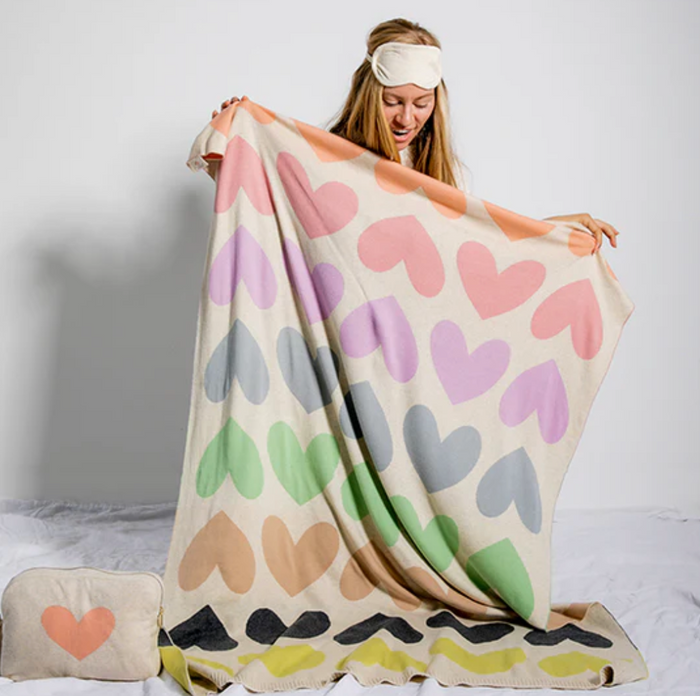 Blush Hearts Organic Cotton Travel Blanket and Eye Mask Set