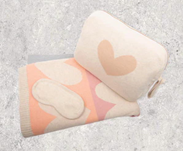 Blush Hearts Organic Cotton Travel Blanket and Eye Mask Set