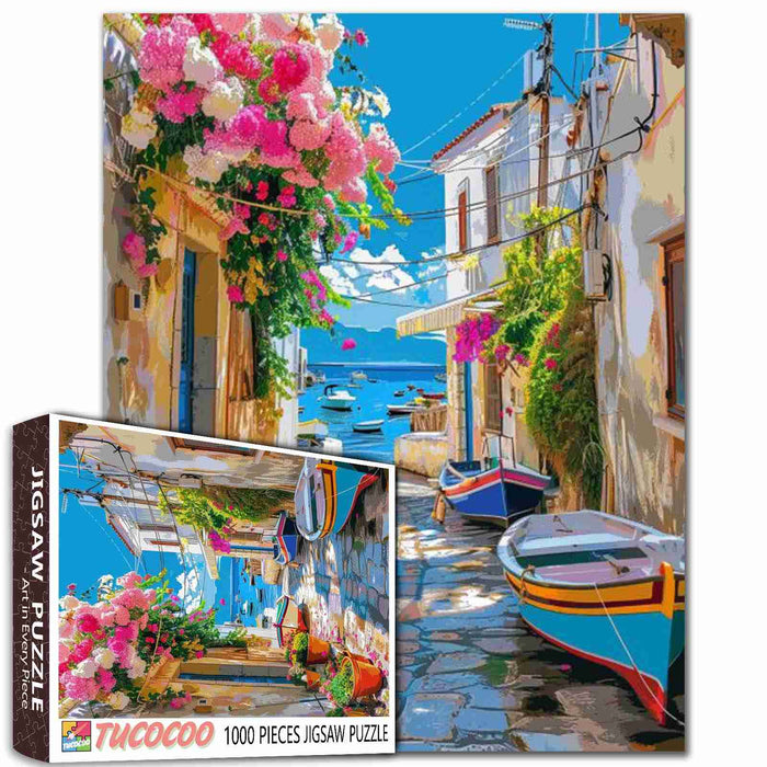 Boats and Bougainvillea Alley Jigsaw Puzzle