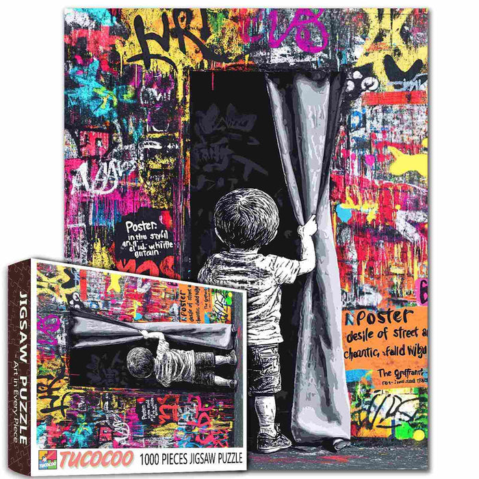 Boy Pulling Curtain Graffiti Jigsaw Puzzle