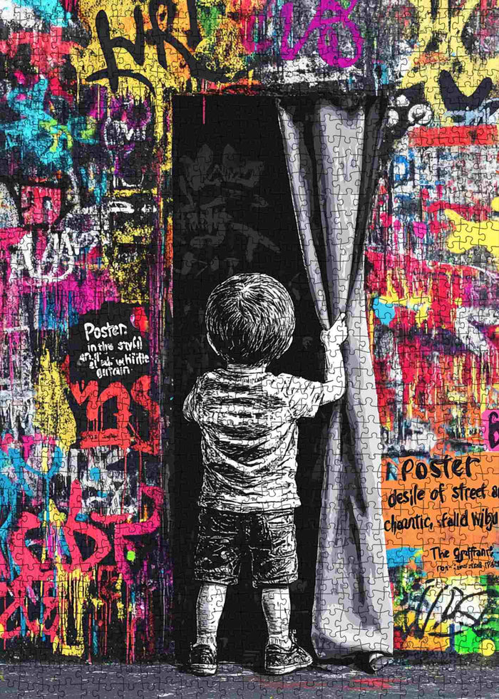 Boy Pulling Curtain Graffiti Jigsaw Puzzle