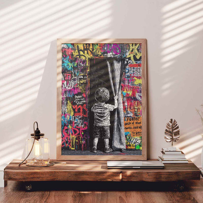 Boy Pulling Curtain Graffiti Jigsaw Puzzle