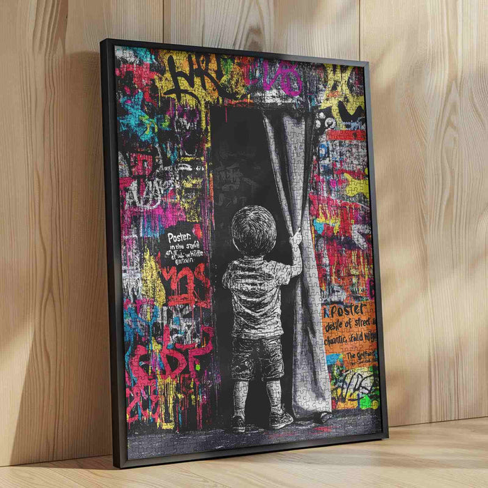Boy Pulling Curtain Graffiti Jigsaw Puzzle