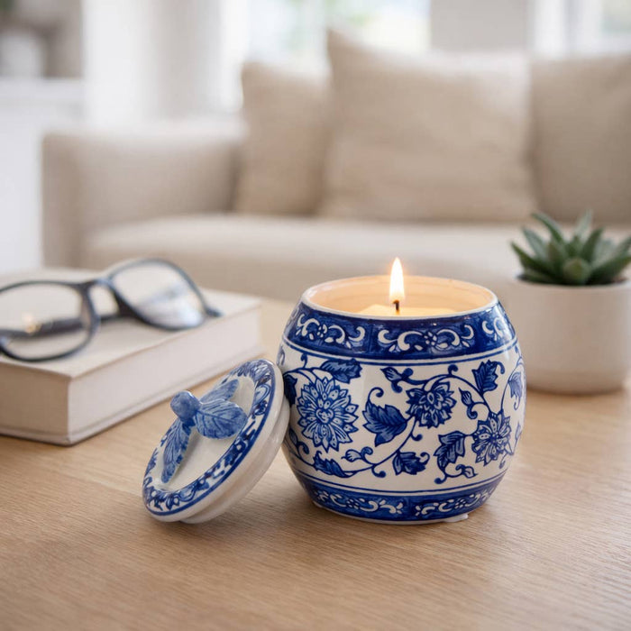Candle - Blue Ceramic Peony Chinoiserie Lidded, 8.5 Oz
