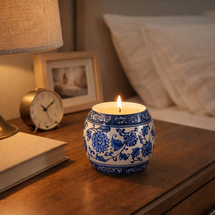Candle - Blue Ceramic Peony Chinoiserie Lidded, 8.5 Oz