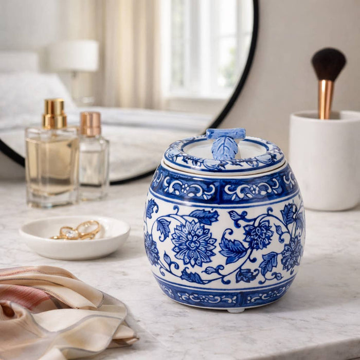 Candle - Blue Ceramic Peony Chinoiserie Lidded, 8.5 Oz