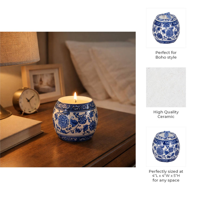 Candle - Blue Ceramic Peony Chinoiserie Lidded, 8.5 Oz