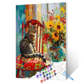 Cat on Red Chair Next to Sunflowers Paint by Numbers