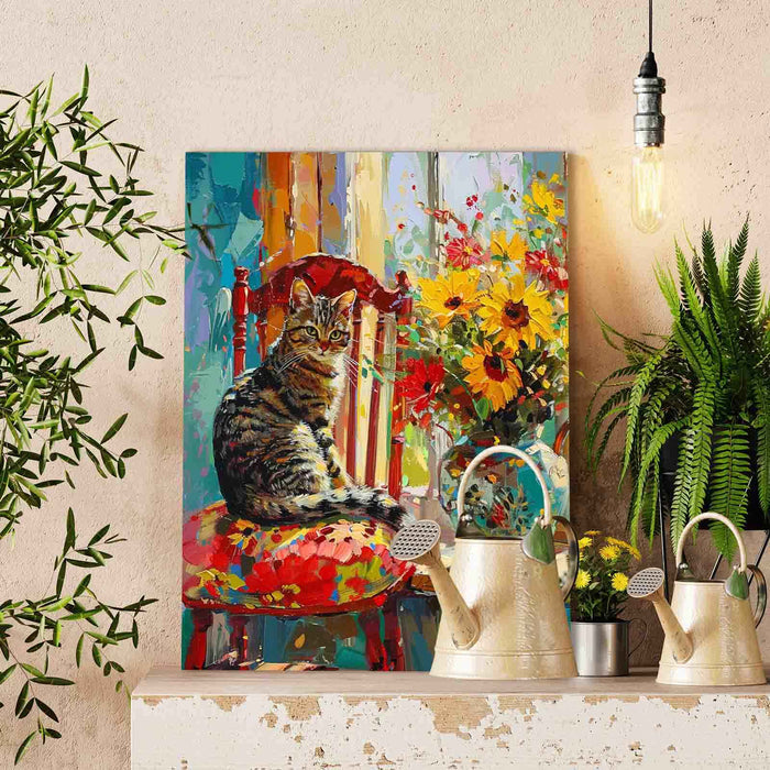 Cat on Red Chair Next to Sunflowers Paint by Numbers