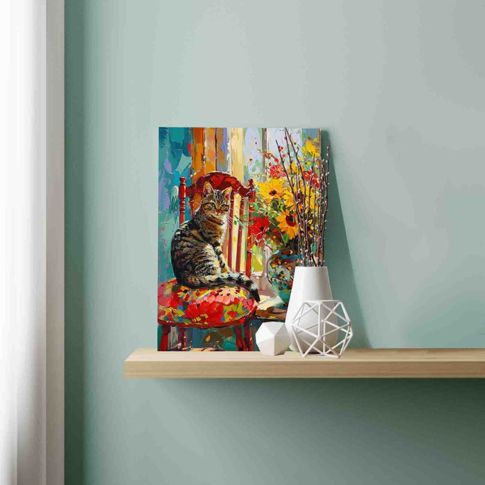 Cat on Red Chair Next to Sunflowers Paint by Numbers
