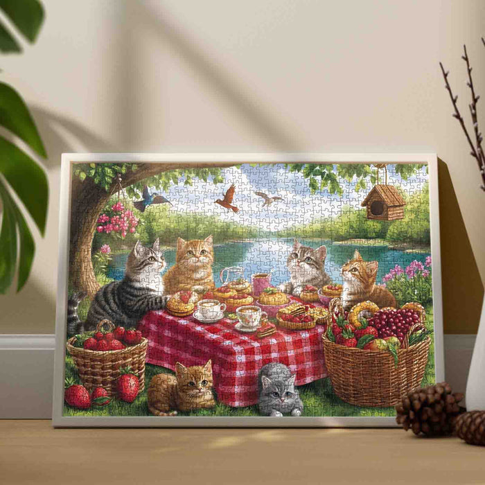 Cat Picnic Party Lakeside Garden Jigsaw Puzzle
