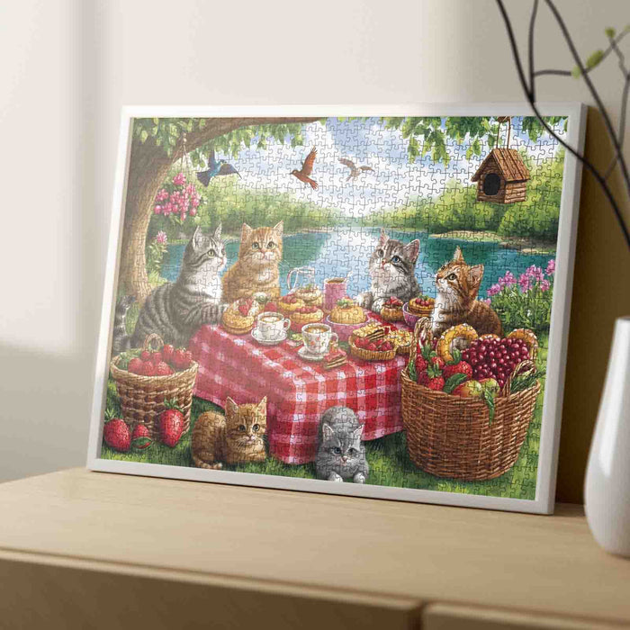 Cat Picnic Party Lakeside Garden Jigsaw Puzzle