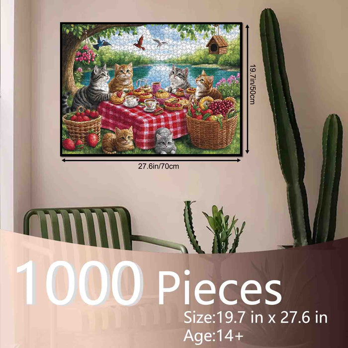 Cat Picnic Party Lakeside Garden Jigsaw Puzzle