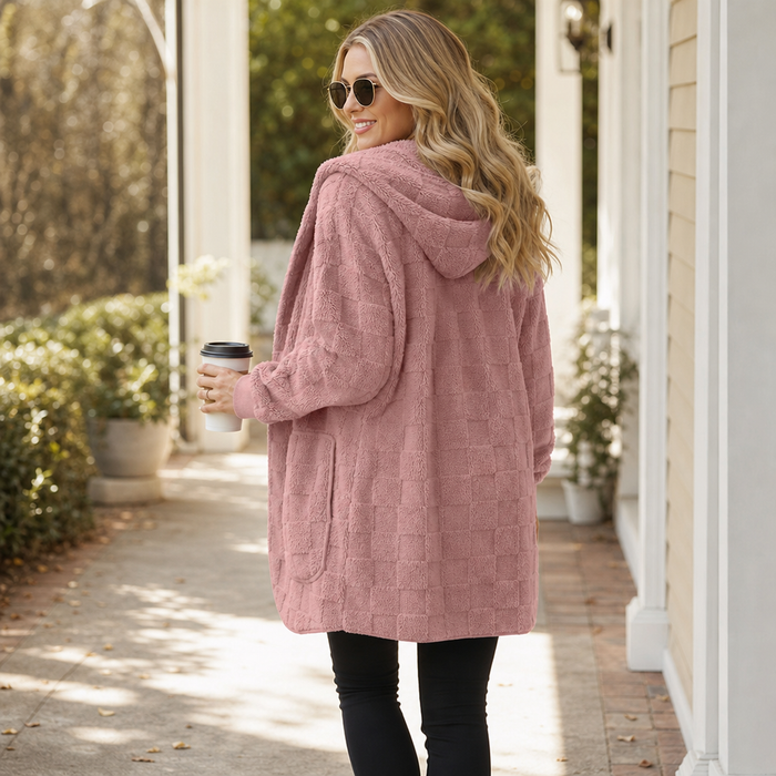 Checkora – Fluffy Checked Open-Front Cardigan