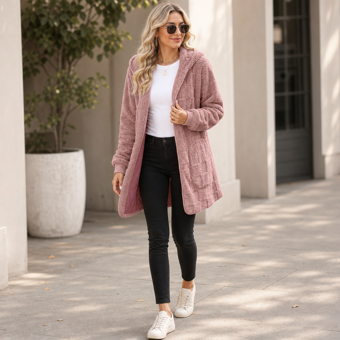 Checkora – Fluffy Checked Open-Front Cardigan