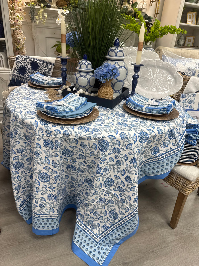 Chinoiserie blue block tablecloth