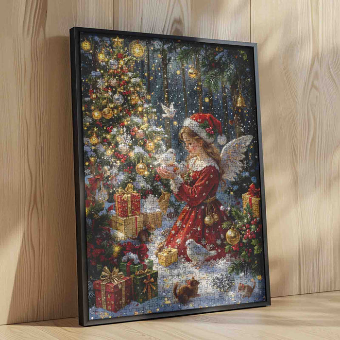 Christmas Angel with Gifts in Snowy Forest Jigsaw Puzzle