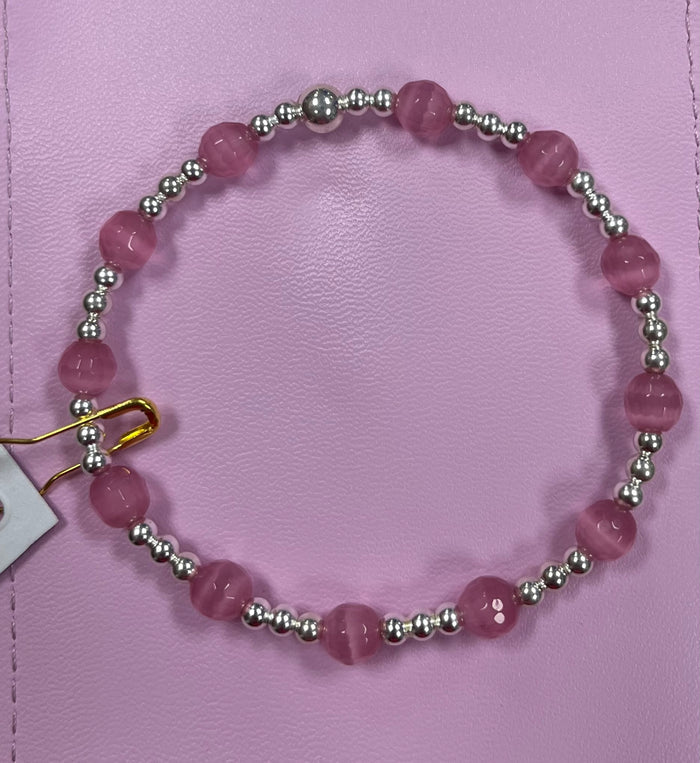 Classic 3mm sterling silver bunny bracelet with cotton candy cats eye