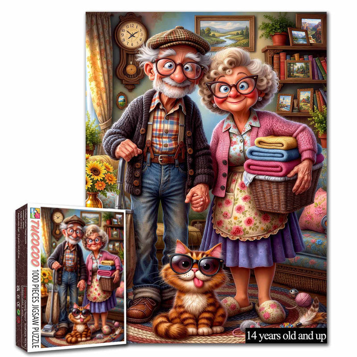 Cozy Grandma Grandpa and Cat Jigsaw Puzzle