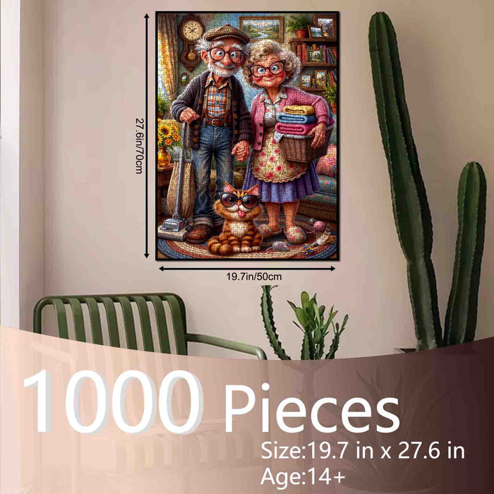 Cozy Grandma Grandpa and Cat Jigsaw Puzzle