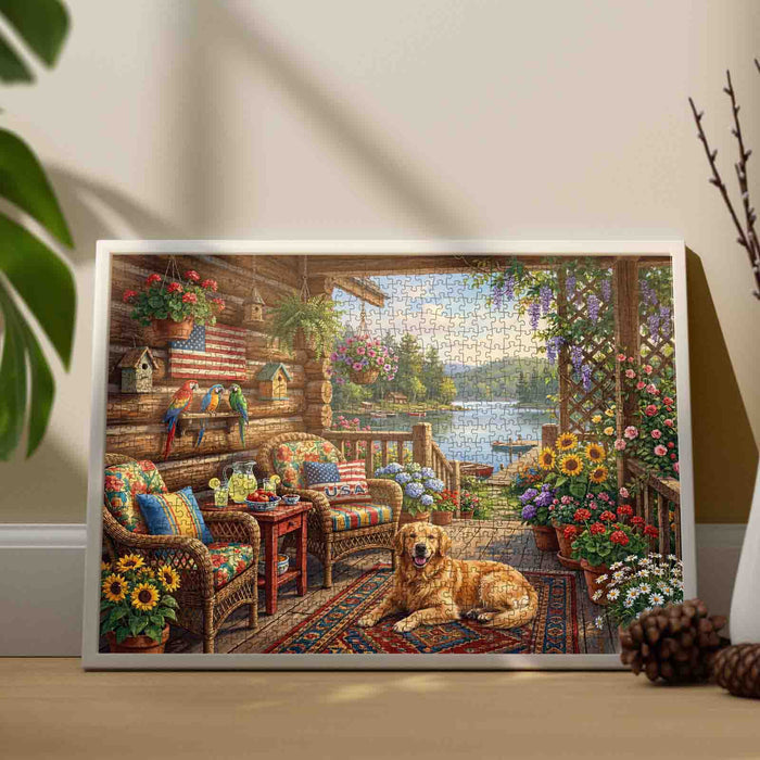 Cozy Lakeside Cabin Porch Garden Jigsaw Puzzle