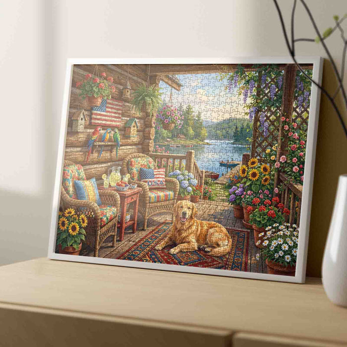 Cozy Lakeside Cabin Porch Garden Jigsaw Puzzle