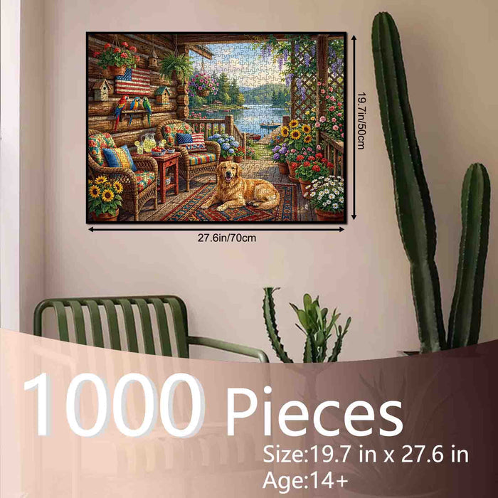 Cozy Lakeside Cabin Porch Garden Jigsaw Puzzle