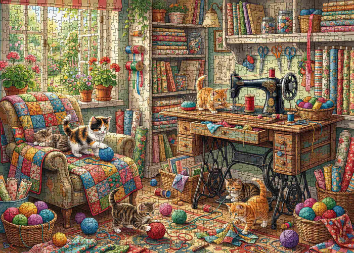Cozy Sewing Room Kittens Craft Workshop Jigsaw Puzzle