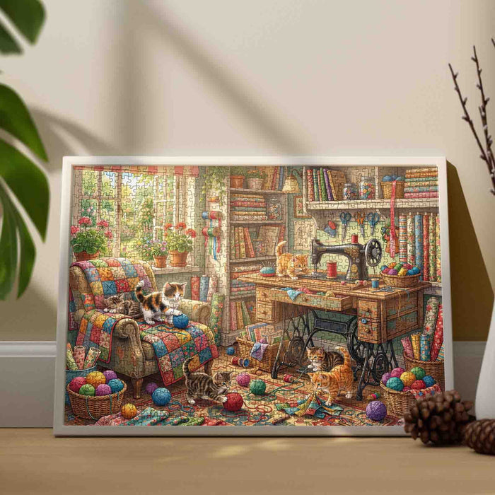 Cozy Sewing Room Kittens Craft Workshop Jigsaw Puzzle