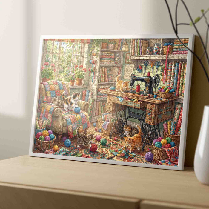 Cozy Sewing Room Kittens Craft Workshop Jigsaw Puzzle