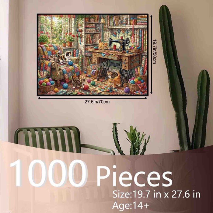 Cozy Sewing Room Kittens Craft Workshop Jigsaw Puzzle