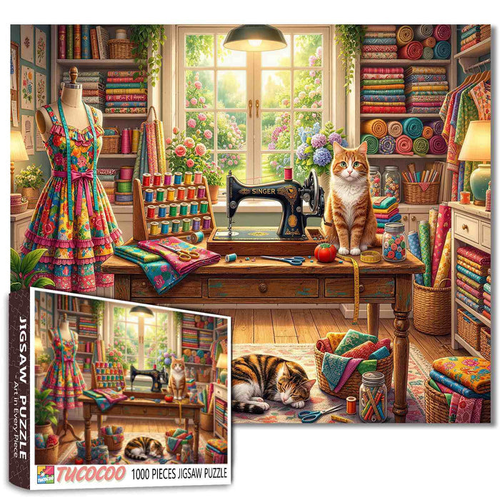 Cozy Sewing Studio Cats Jigsaw Puzzle